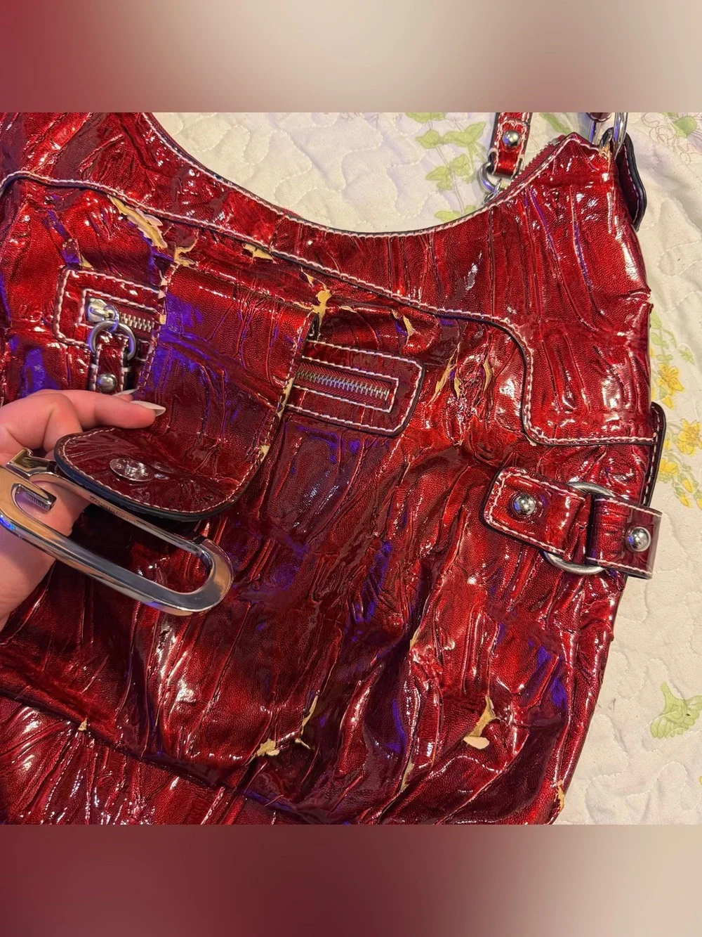 Vintage Y2K Red Synthetic Alligator Leather Guess Large Purse Silver Accents